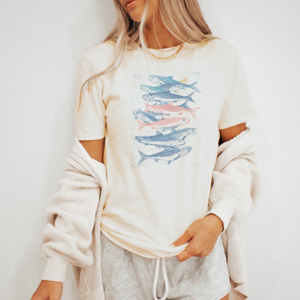 Stacked Fish Etching Graphic Tee Natural Coastal Art Print